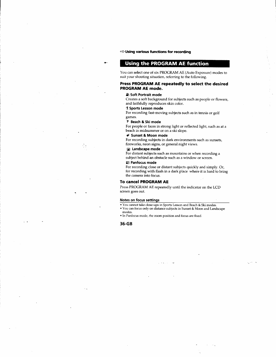 Using various functions for recortting, Using the program ae function, Soft portrait mode | To cancel program ae, Notes on focus settings, Using the prcxiram ae function | Sony MVC-FD81 User Manual | Page 36 / 86