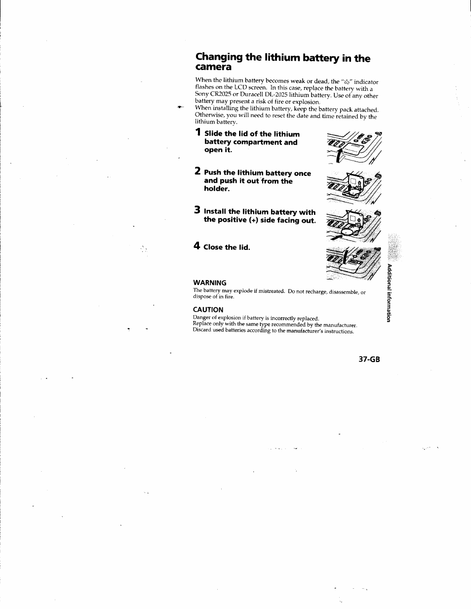 Changing the lithium battery in the camera | Sony MVC-FD81 User Manual | Page 37 / 86