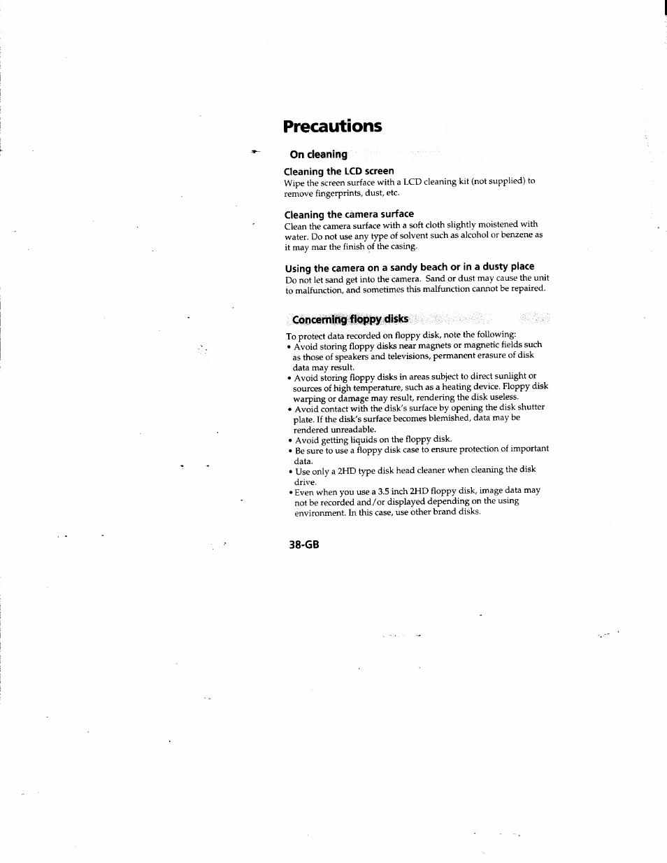 Precautions, On cleaning, Cleaning the lcd screen | Cleaning the camera surface, Concerning floppy disks | Sony MVC-FD81 User Manual | Page 38 / 86