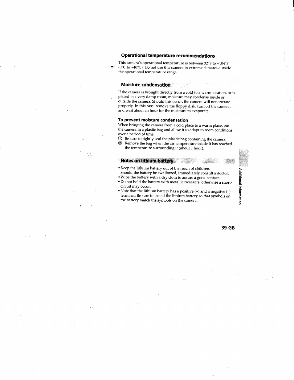 Operational temperature recommendations, Moisture condensation, Notes on lithium battery | Sony MVC-FD81 User Manual | Page 39 / 86