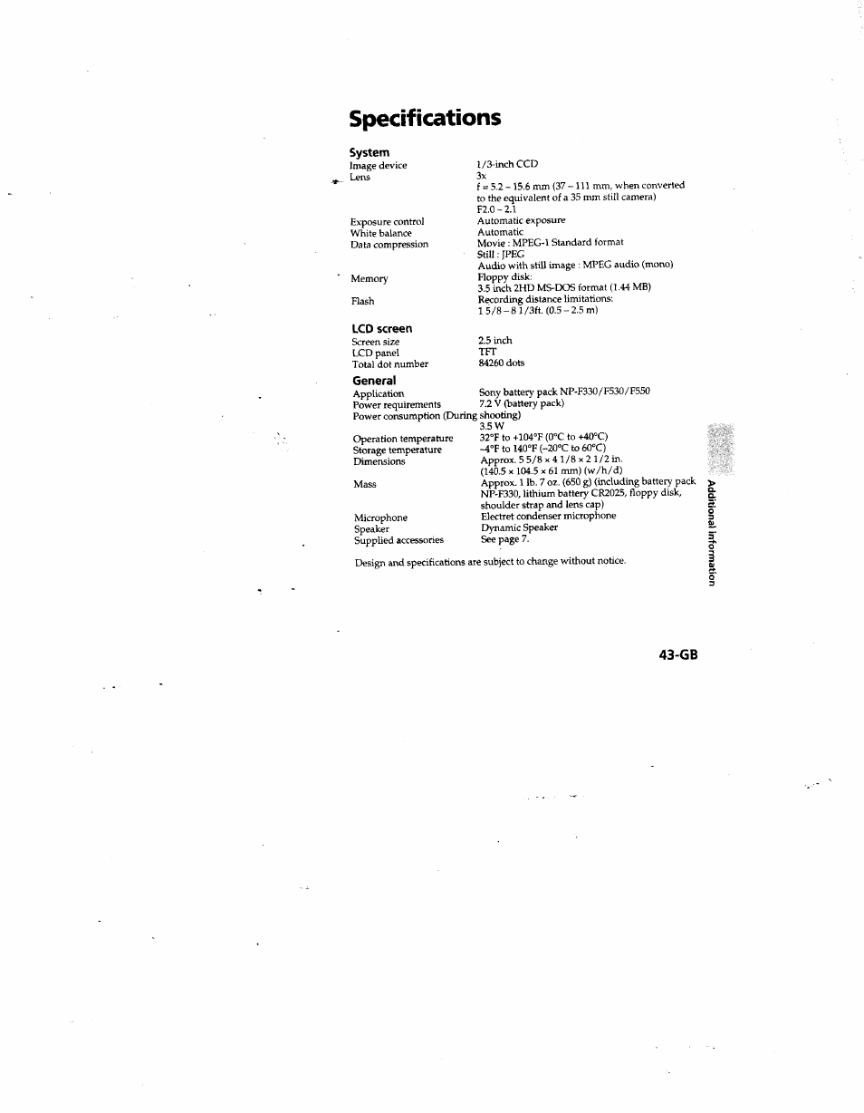 Specifications, System, Lcd screen | General | Sony MVC-FD81 User Manual | Page 43 / 86