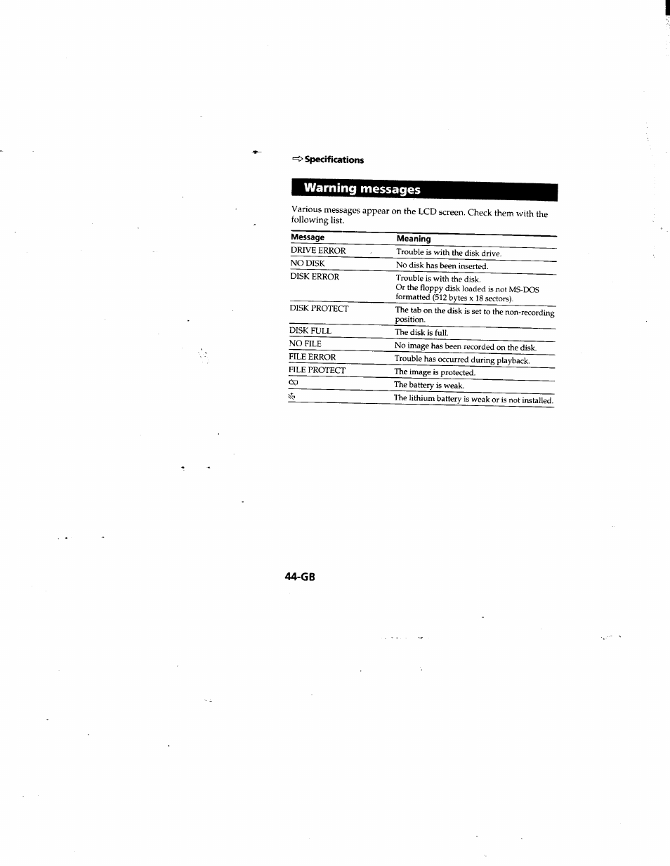 Specifications, Warning messages | Sony MVC-FD81 User Manual | Page 44 / 86