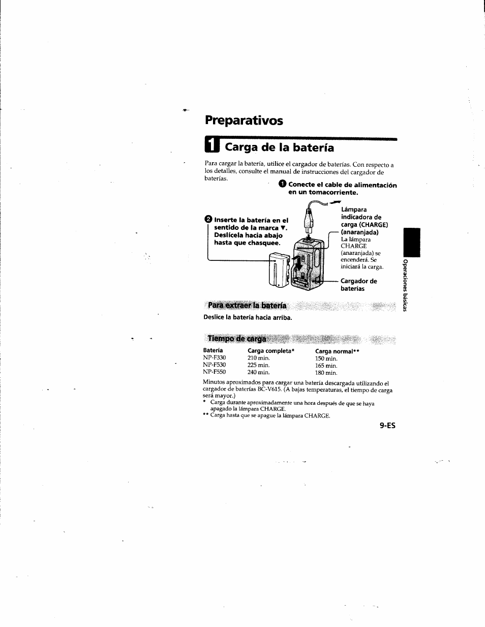 Preparativos, Carga de la batería, Para extraer la batería | Tiempo de carga | Sony MVC-FD81 User Manual | Page 53 / 86