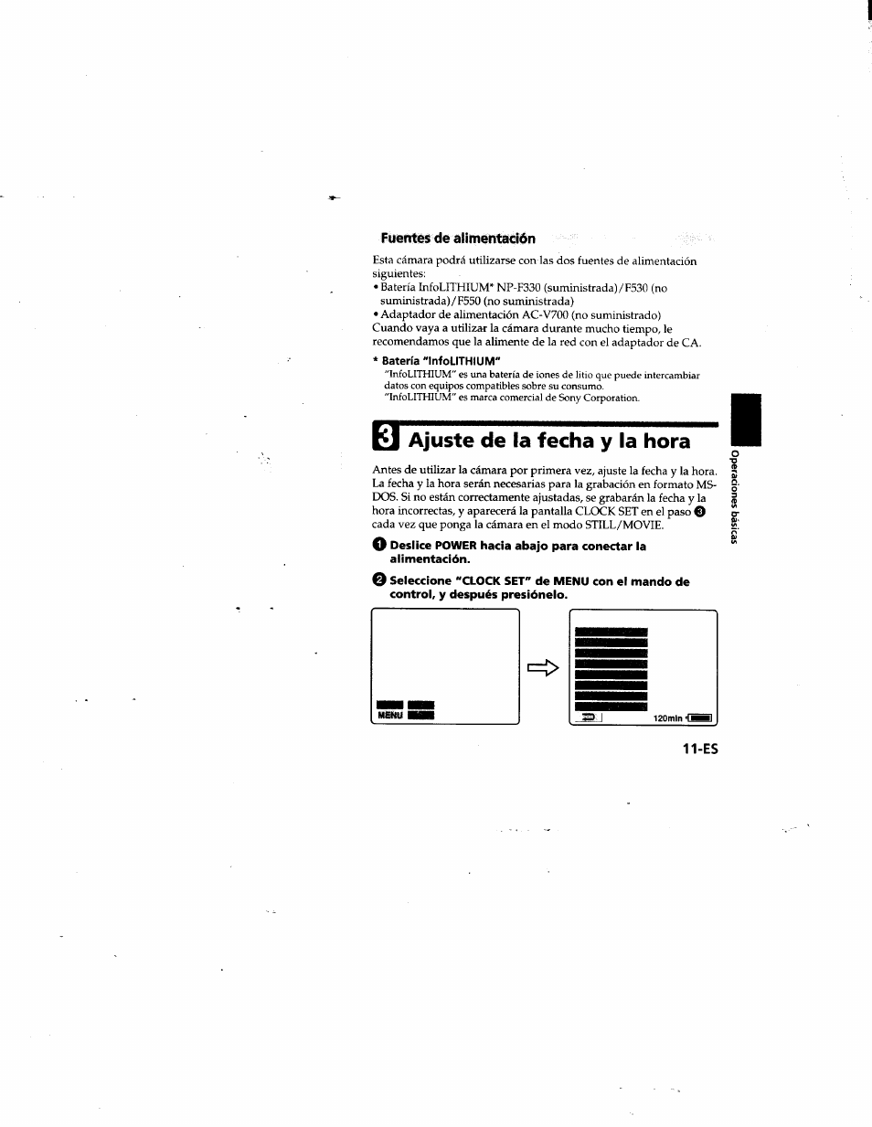 Fuentes de alimentación, Batería “infolithlum, Tü ajuste de la fecha y la hora | 3; ajuste de la fecha, La hora | Sony MVC-FD81 User Manual | Page 55 / 86