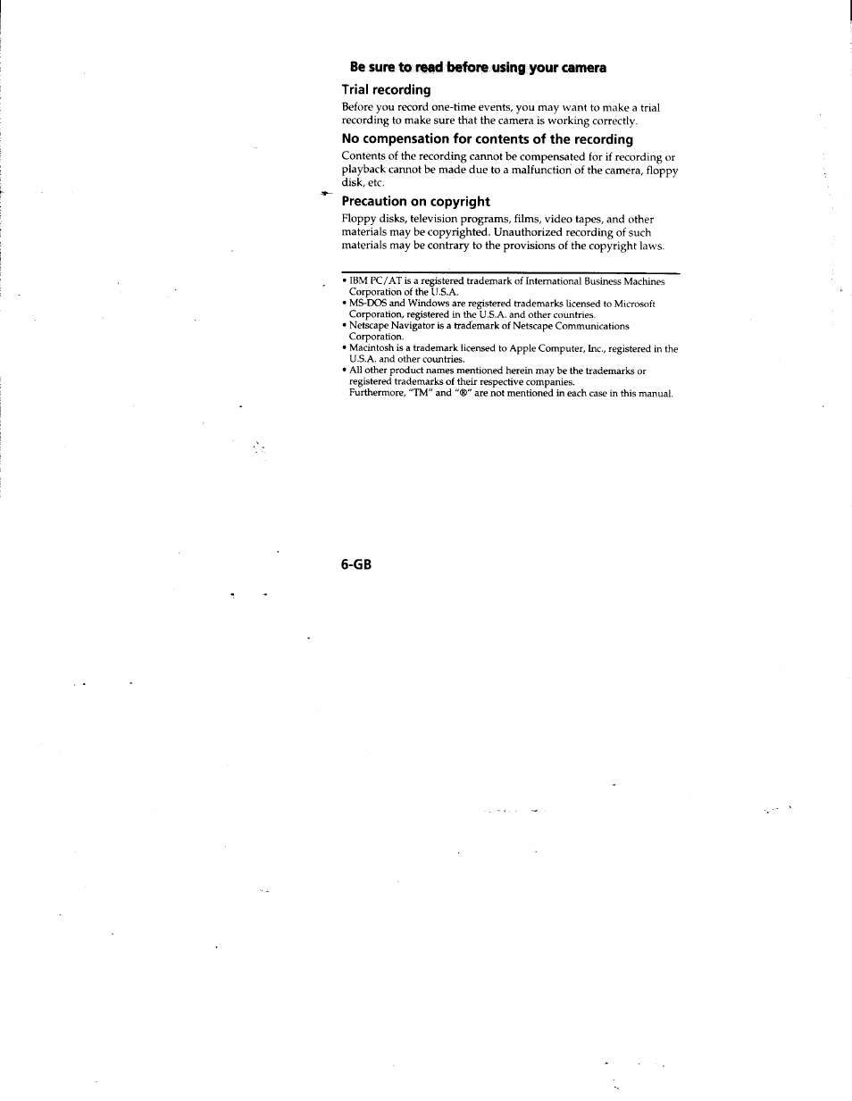 No compensation for contents of the recording, Precaution on copyright, Be sure to rood before using your camera | Sony MVC-FD81 User Manual | Page 6 / 86