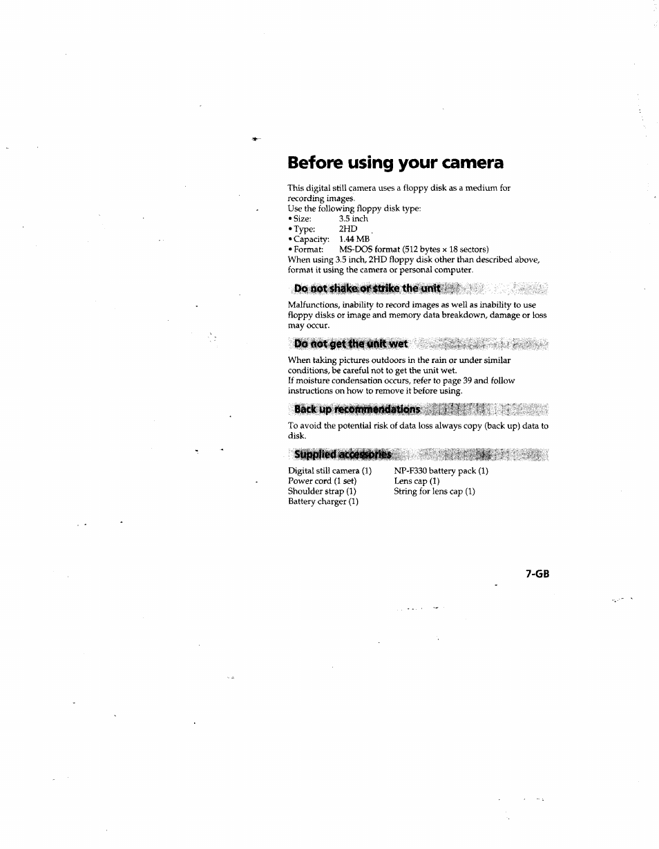 Before using your camera, Do not shake or strike the unit, Do not get 4ie unit wet | Back up recommendations, Supplied accessories | Sony MVC-FD81 User Manual | Page 7 / 86