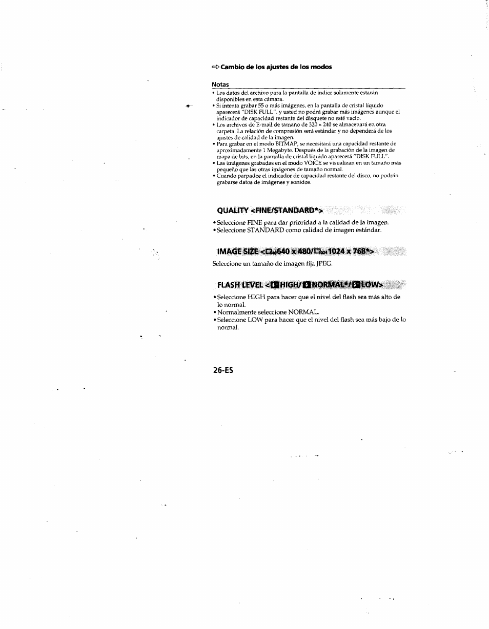 Quality <fine/standard, Image size <c3«»640 x 480/ple4l0z4 x 768, Flash level <c9high/onormal*/eblow | Sony MVC-FD81 User Manual | Page 70 / 86