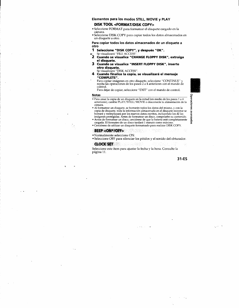 Elementos para los modos still, movie у play, Disk tool <format/disk copy, 1 seleccione "disk copy", у después "ok | Notas, Beep <on*/off, Clock set | Sony MVC-FD81 User Manual | Page 75 / 86