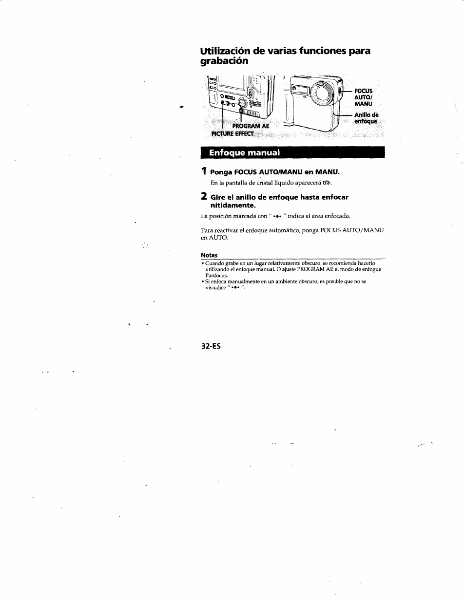 Focus, Auto, Manu | Anillo de enfoque, Enfoque manual, 1 ponga focus auto/maimu en manu, Notas, Utilización de varias funciones para grabación | Sony MVC-FD81 User Manual | Page 76 / 86