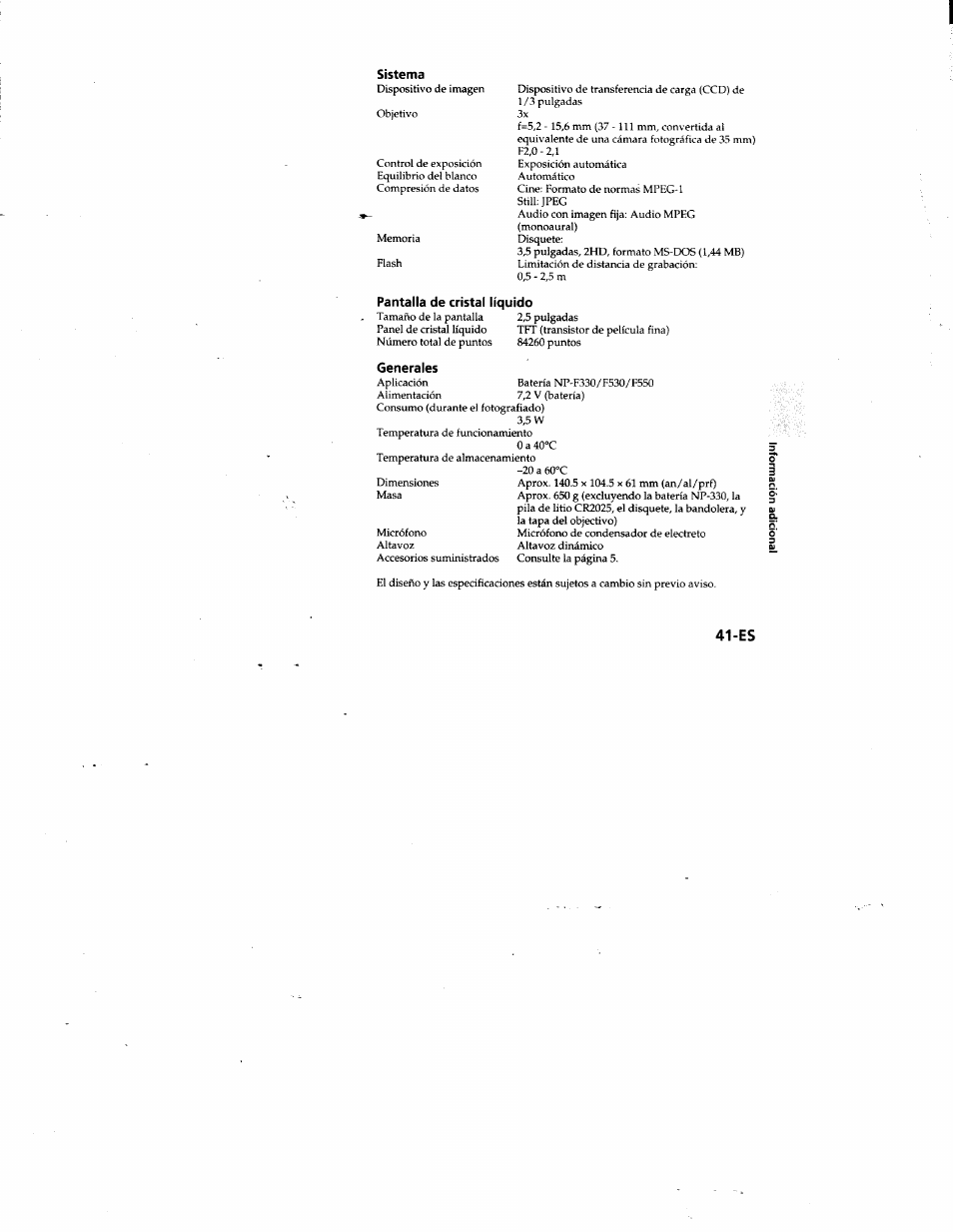 Sistema, Pantalla de cristal líquido, Generales | Sony MVC-FD81 User Manual | Page 84 / 86