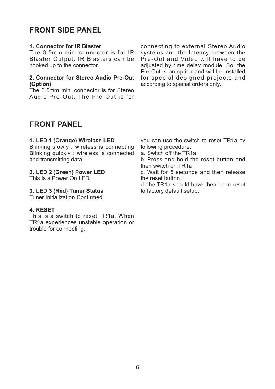 Front side panel front panel | AMC WiFi Wireless Transmitter TR1a User Manual | Page 8 / 20