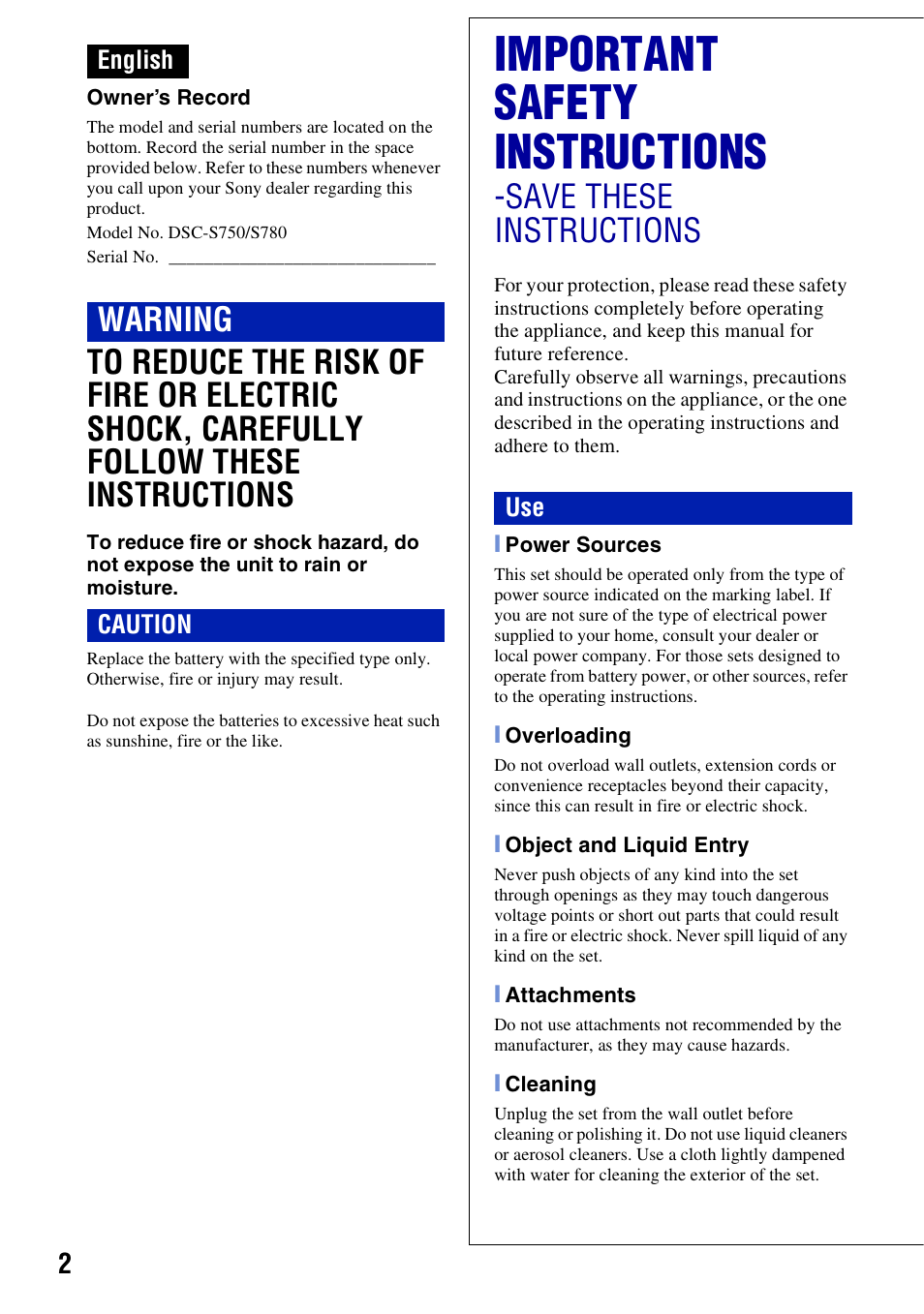Important safety instructions, Save these instructions, Warning | Sony DSC-S780 User Manual | Page 2 / 64