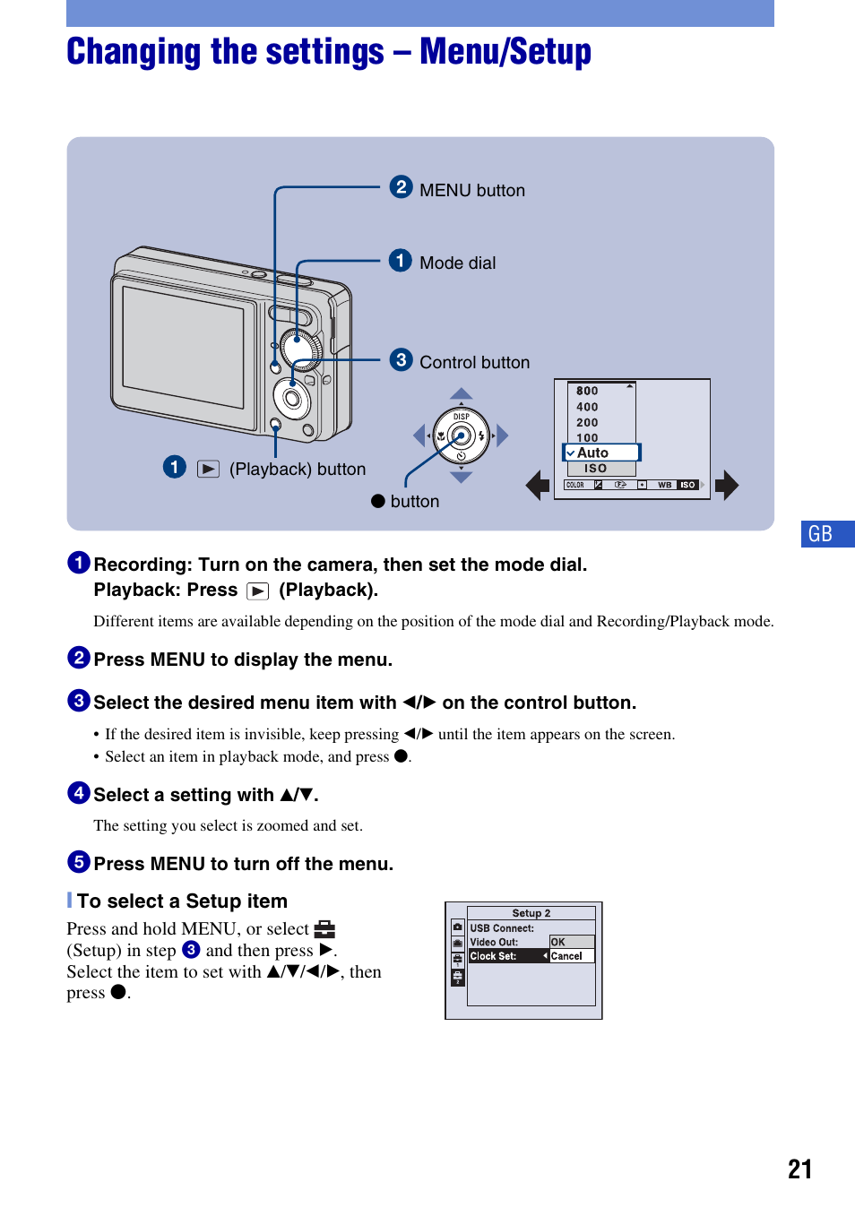 Changing the settings – menu/setup | Sony DSC-S780 User Manual | Page 21 / 64