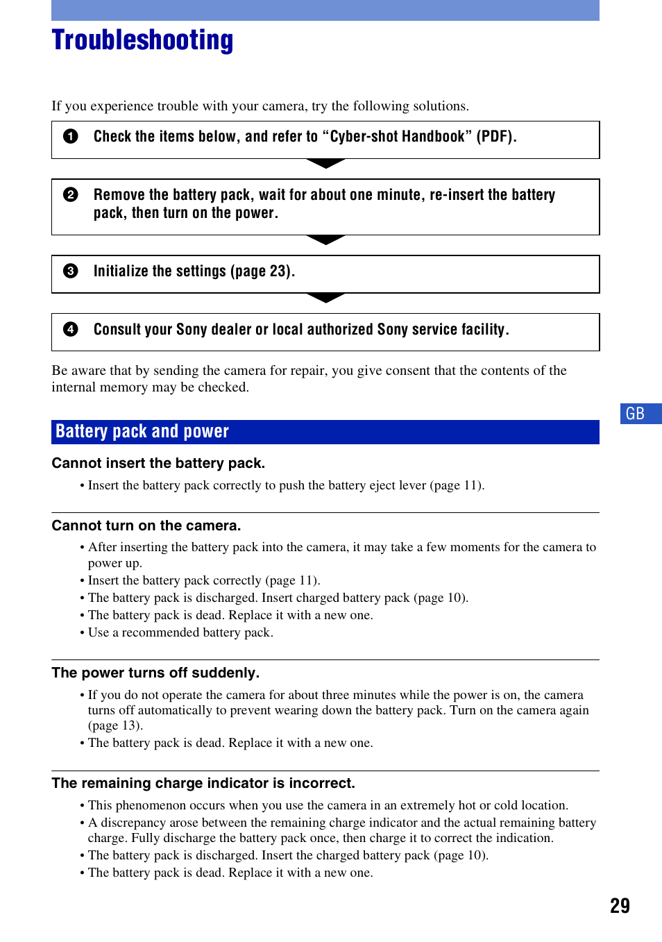 Troubleshooting, Battery pack and power | Sony DSC-S780 User Manual | Page 29 / 64