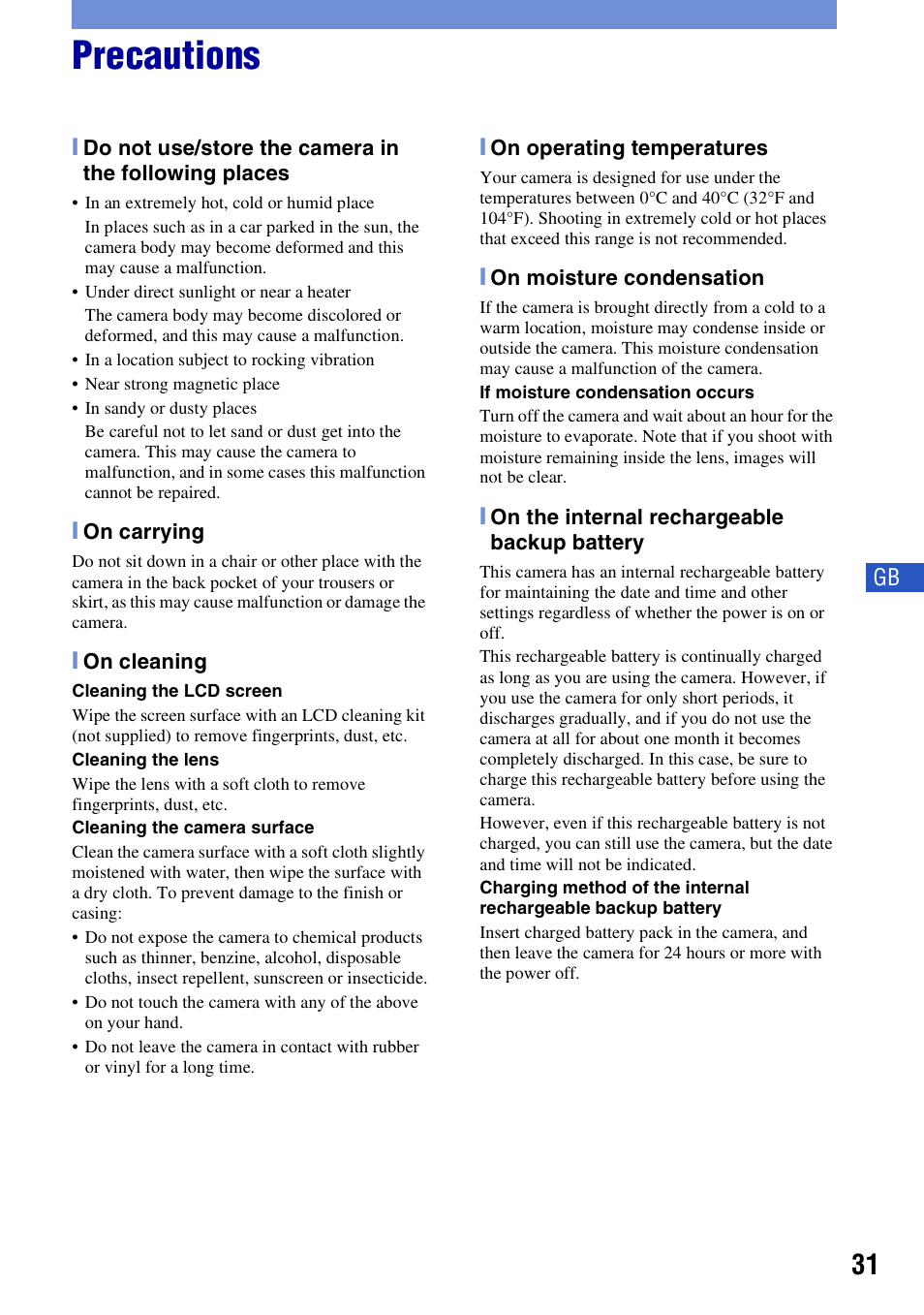 Precautions | Sony DSC-S780 User Manual | Page 31 / 64