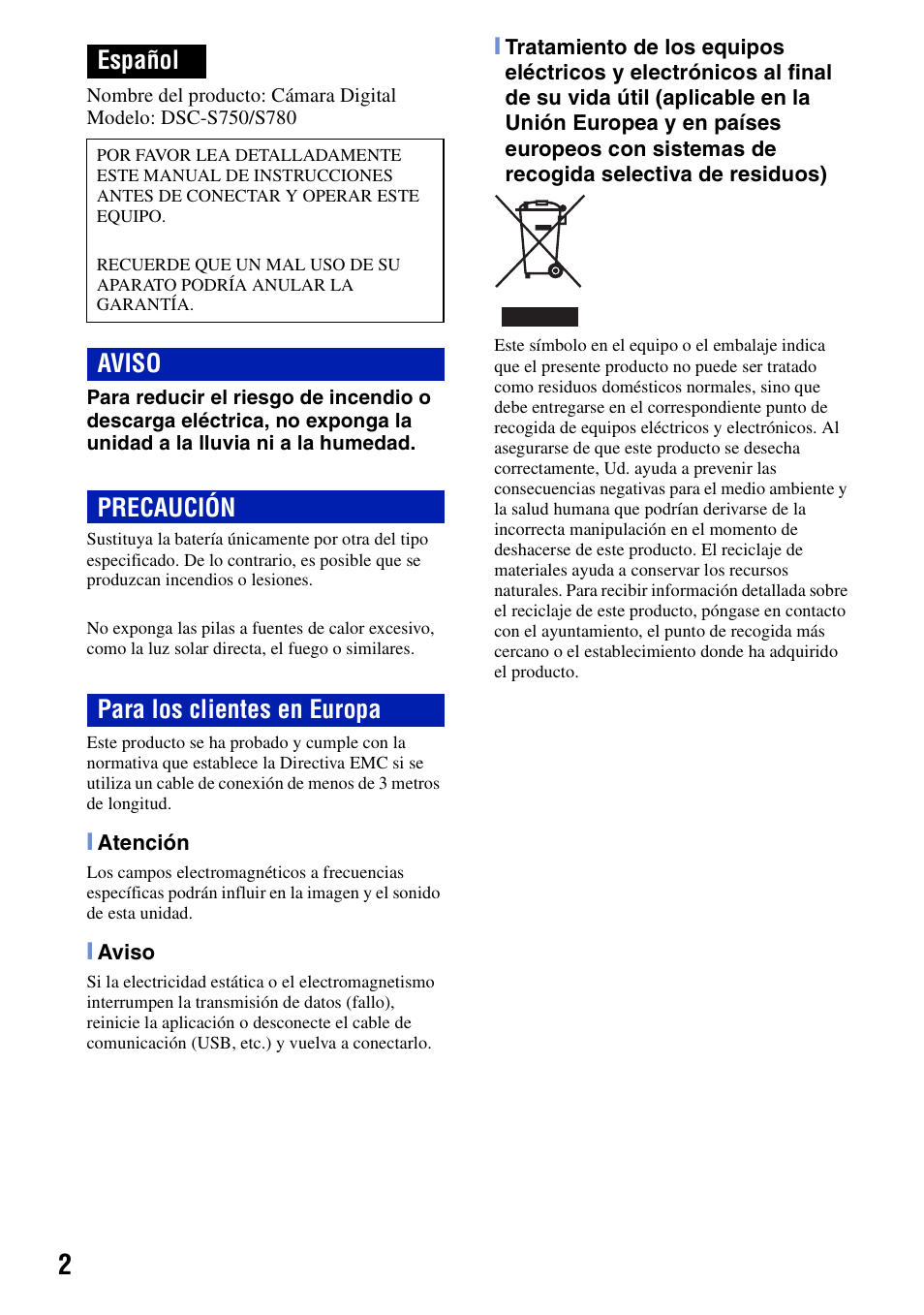 Español, Aviso precaución para los clientes en europa | Sony DSC-S780 User Manual | Page 34 / 64