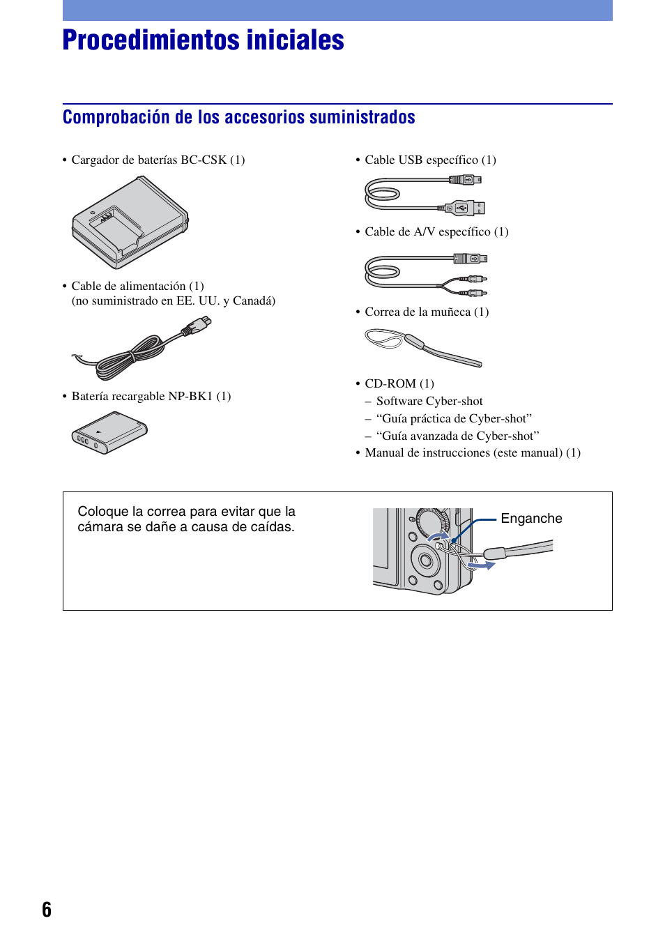 Procedimientos iniciales, Comprobación de los accesorios suministrados | Sony DSC-S780 User Manual | Page 38 / 64