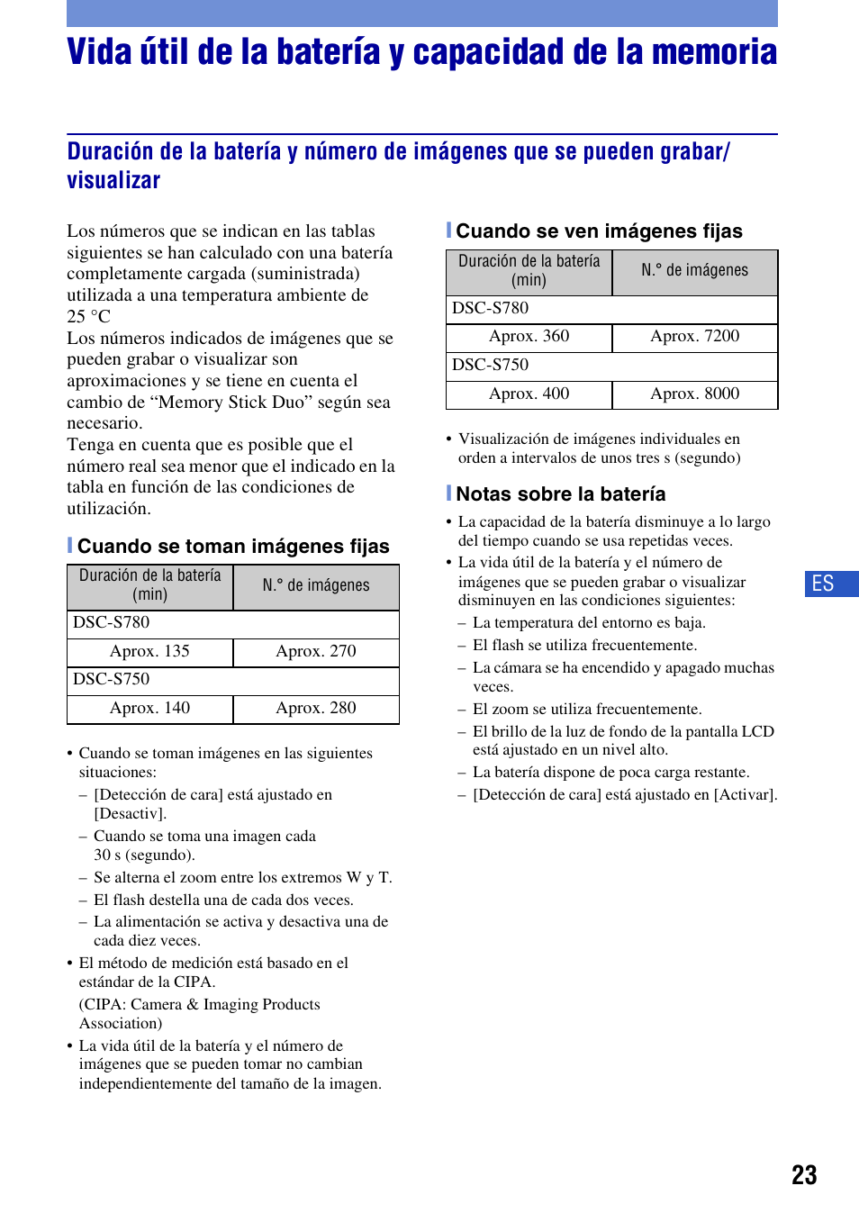 Vida útil de la batería y capacidad de la memoria | Sony DSC-S780 User Manual | Page 55 / 64