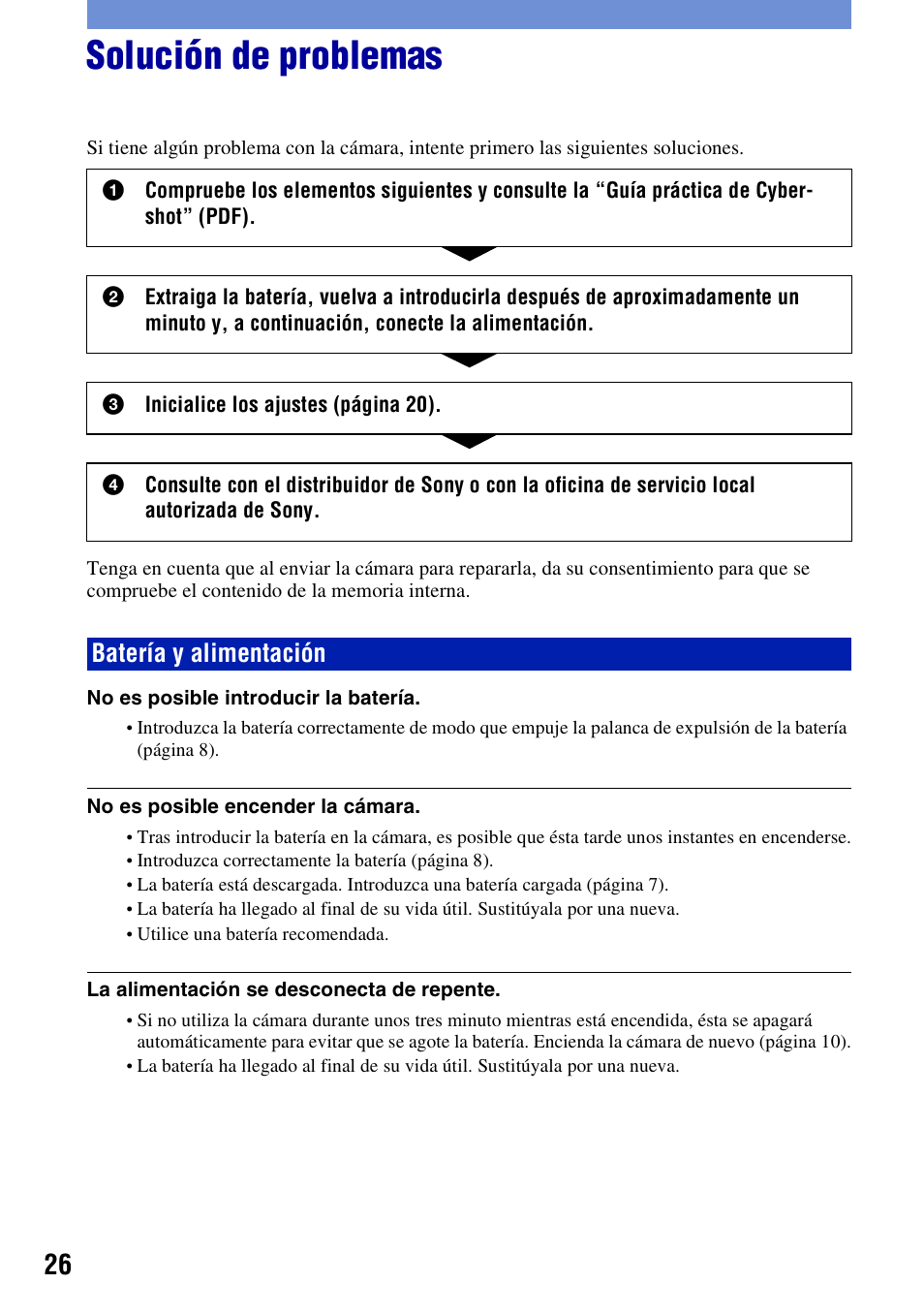 Solución de problemas, Batería y alimentación | Sony DSC-S780 User Manual | Page 58 / 64