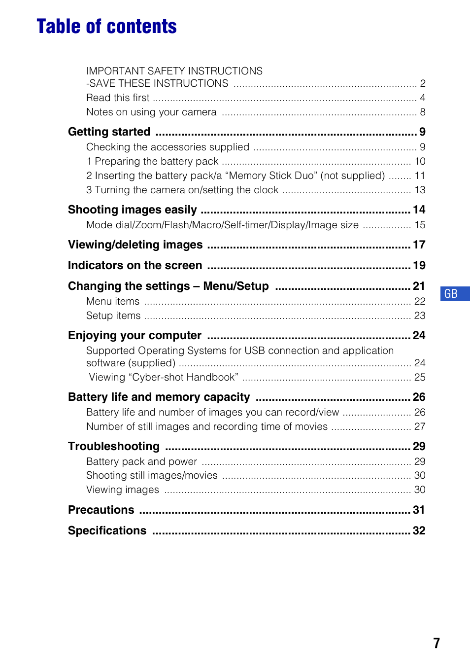 Sony DSC-S780 User Manual | Page 7 / 64