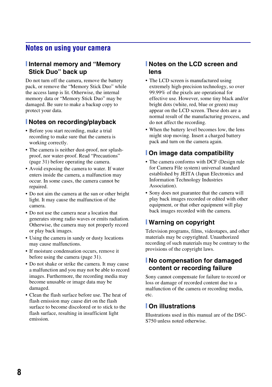 Notes on using your camera | Sony DSC-S780 User Manual | Page 8 / 64