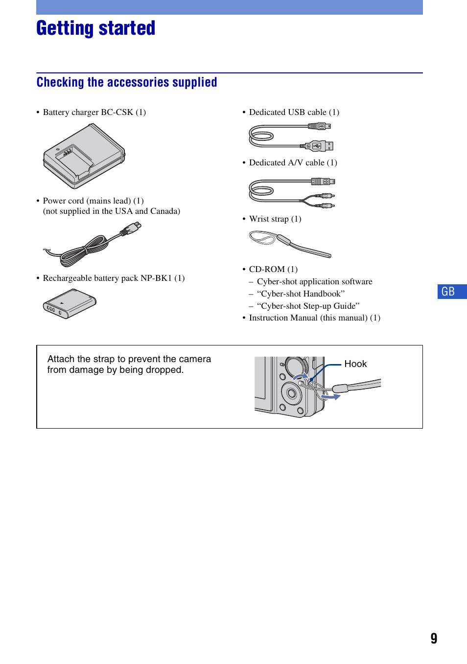 Getting started, Checking the accessories supplied | Sony DSC-S780 User Manual | Page 9 / 64