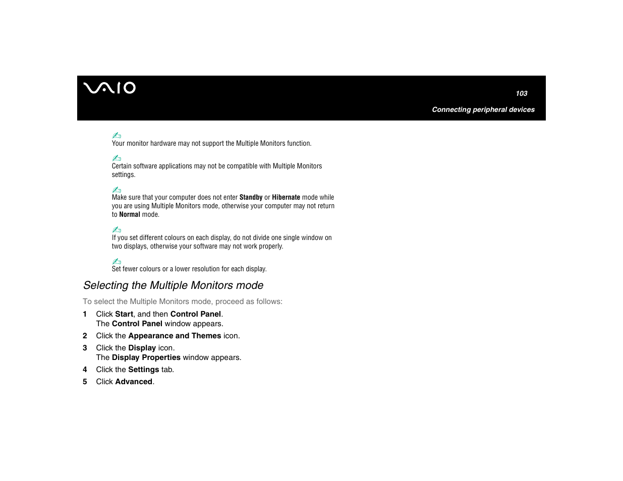 Selecting the multiple monitors mode | Sony VGN-U750P User Manual | Page 103 / 142