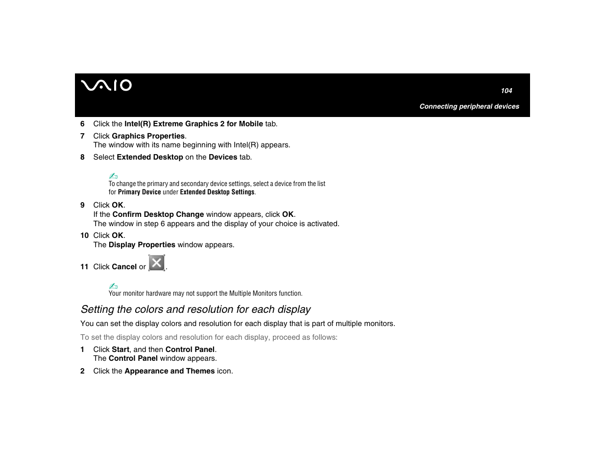 Setting the colors and resolution for each display | Sony VGN-U750P User Manual | Page 104 / 142