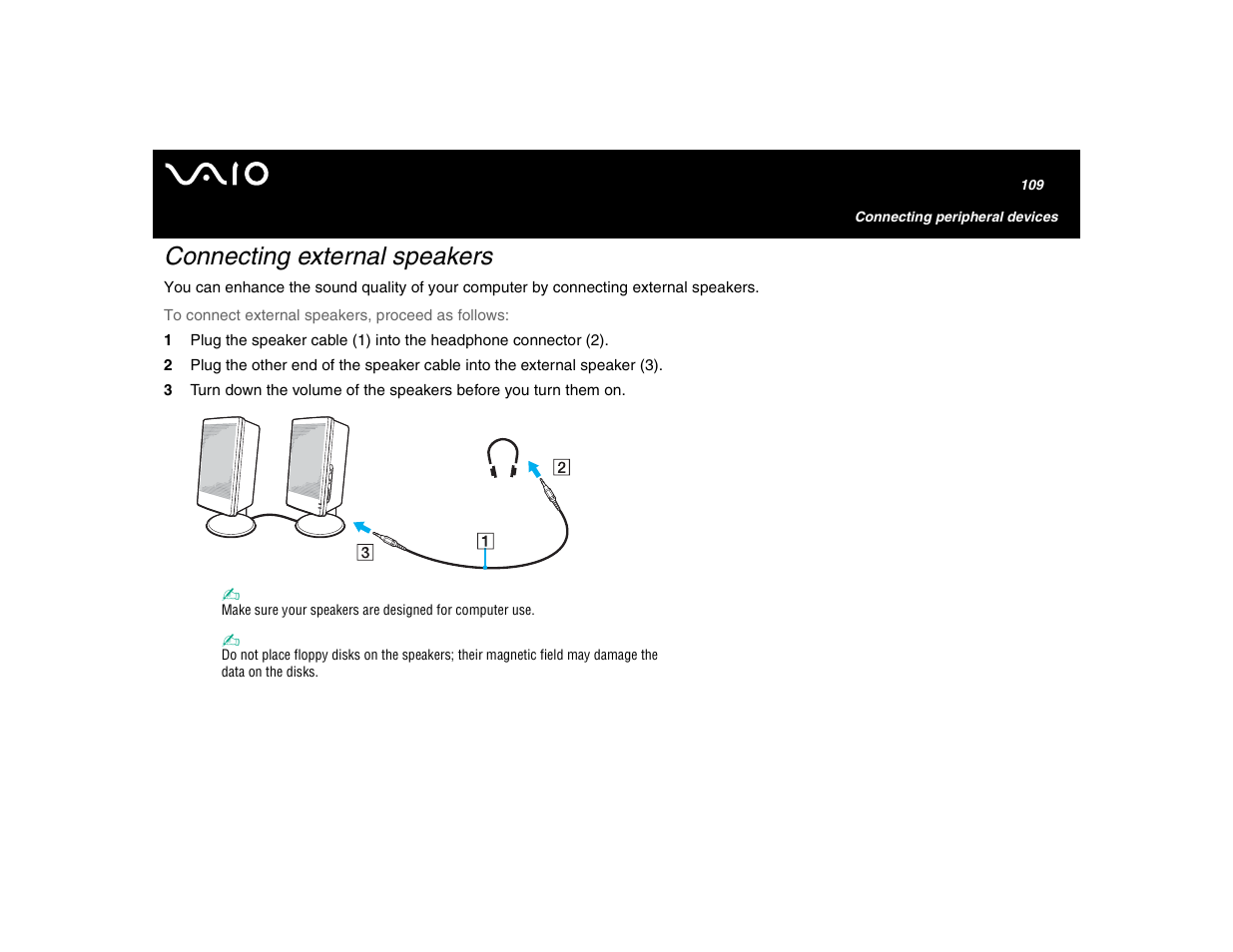 Connecting external speakers | Sony VGN-U750P User Manual | Page 109 / 142