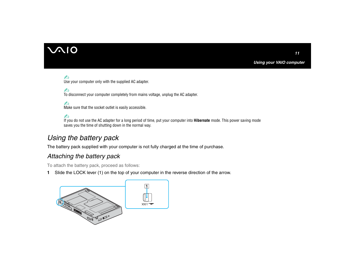 Using the battery pack, Attaching the battery pack | Sony VGN-U750P User Manual | Page 11 / 142