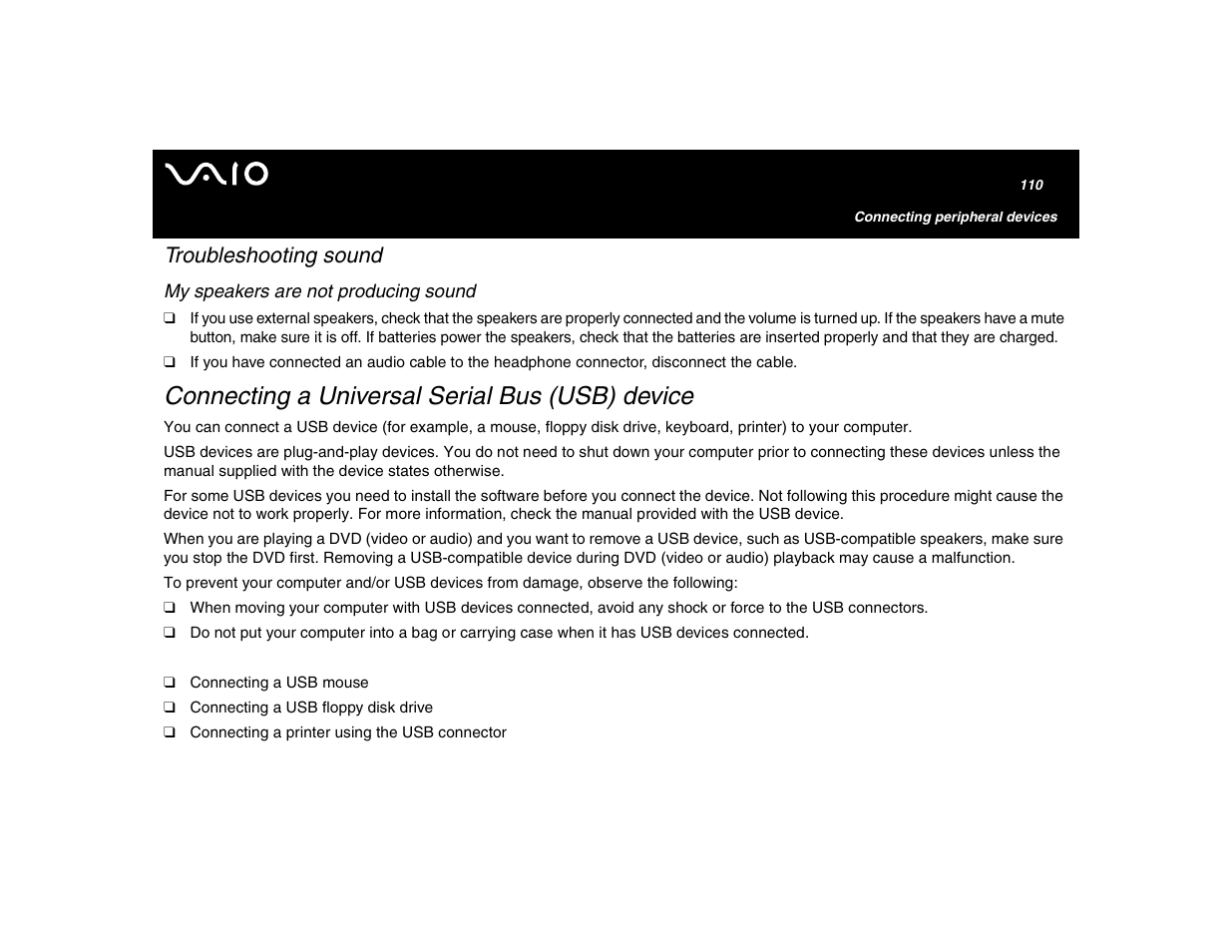 Troubleshooting sound, My speakers are not producing sound, Connecting a universal serial bus (usb) device | Sony VGN-U750P User Manual | Page 110 / 142