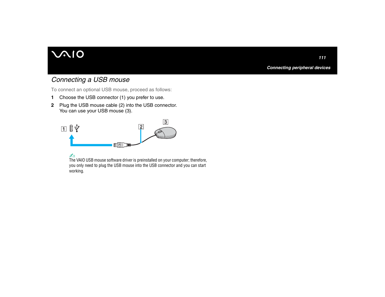 Connecting a usb mouse | Sony VGN-U750P User Manual | Page 111 / 142