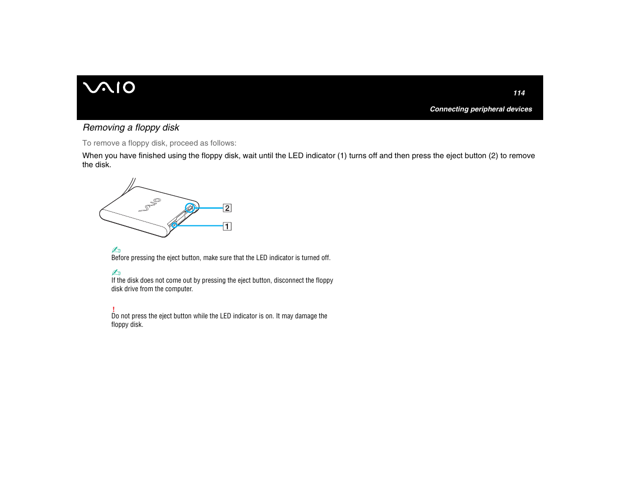 Removing a floppy disk | Sony VGN-U750P User Manual | Page 114 / 142