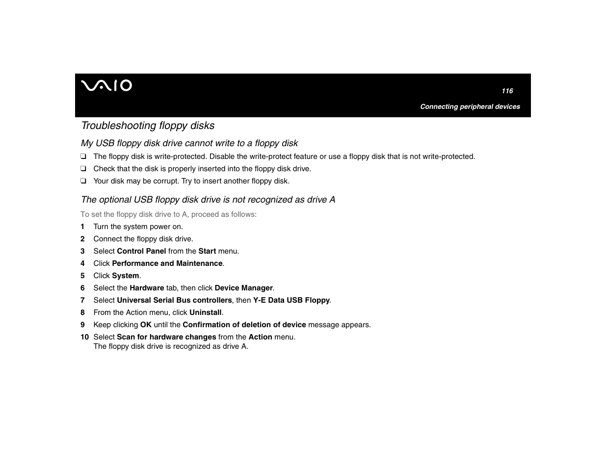 Troubleshooting floppy disks | Sony VGN-U750P User Manual | Page 116 / 142