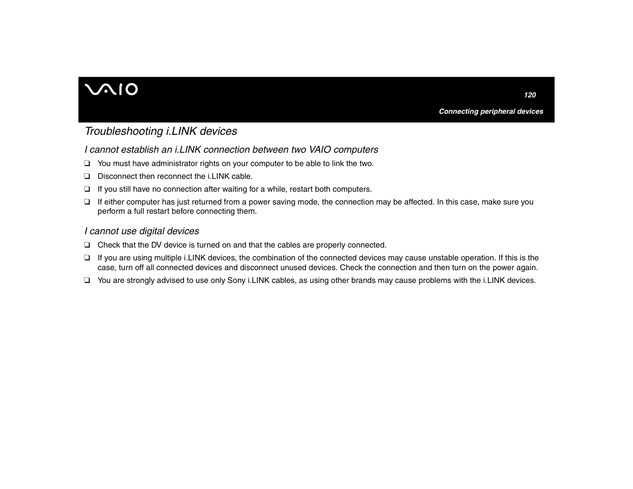 Troubleshooting i.link devices, I cannot use digital devices | Sony VGN-U750P User Manual | Page 120 / 142