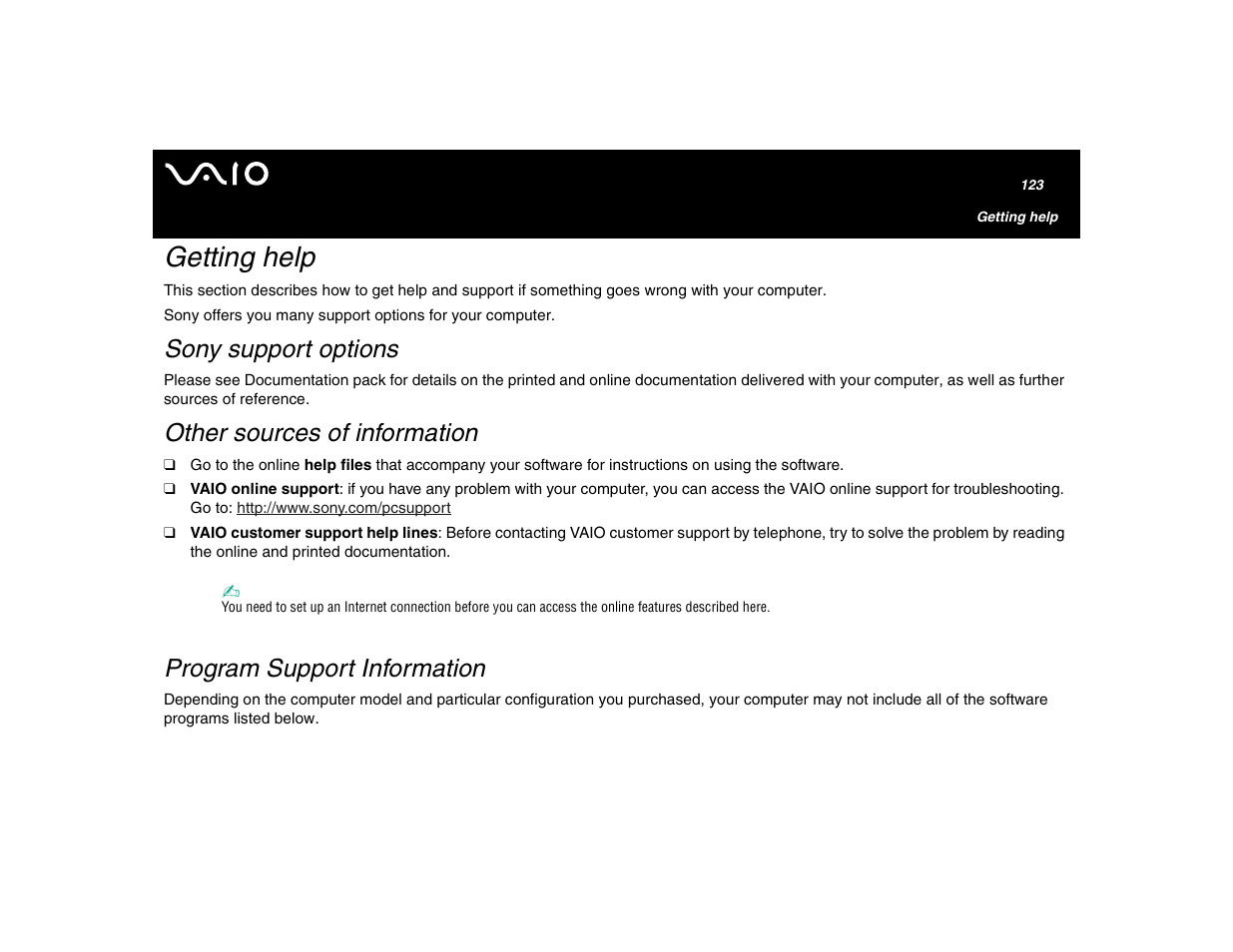 Getting help, Sony support options, Other sources of information | Program support information | Sony VGN-U750P User Manual | Page 123 / 142