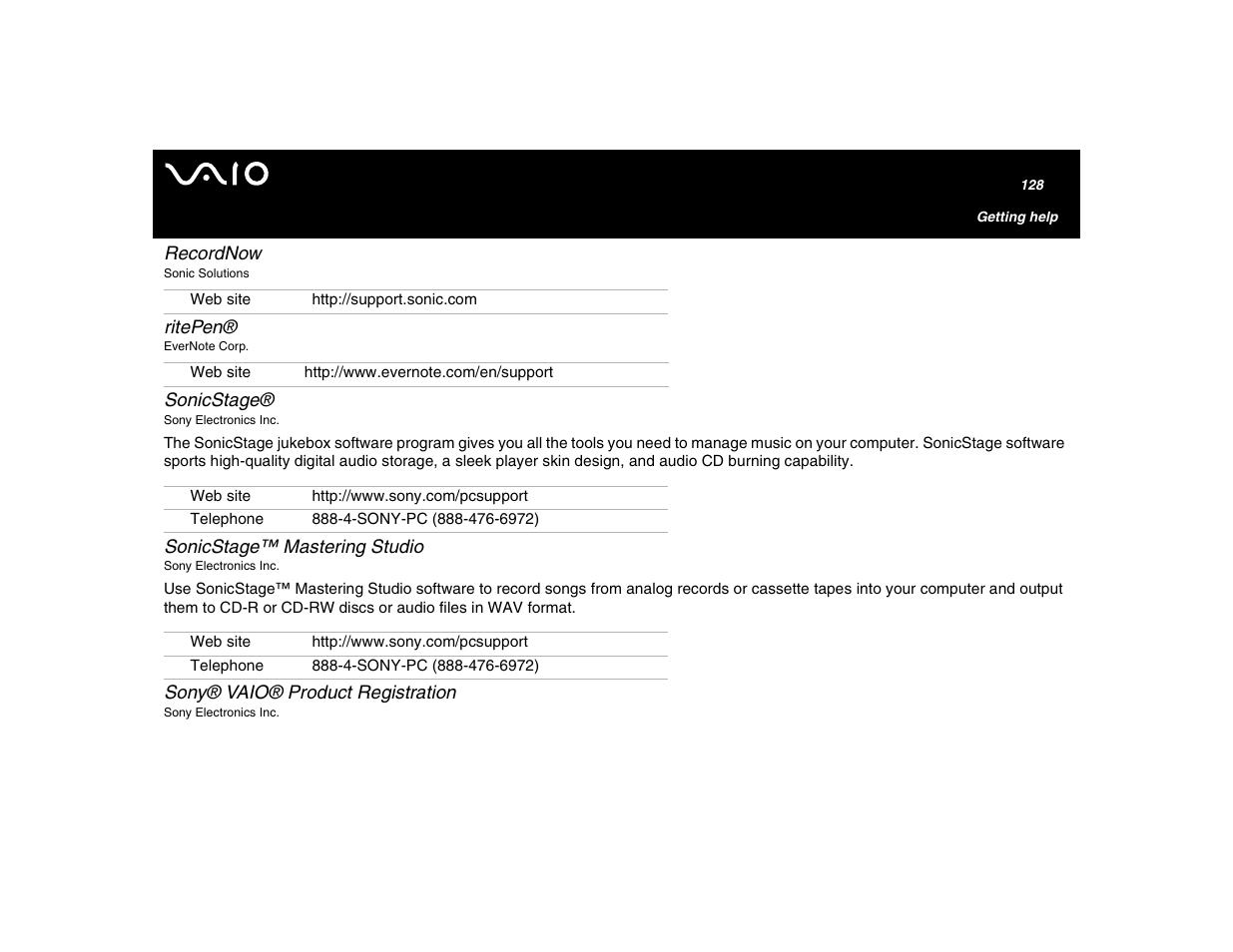 Recordnow, Ritepen, Sonicstage | Sonicstage™ mastering studio, Sony® vaio® product registration | Sony VGN-U750P User Manual | Page 128 / 142