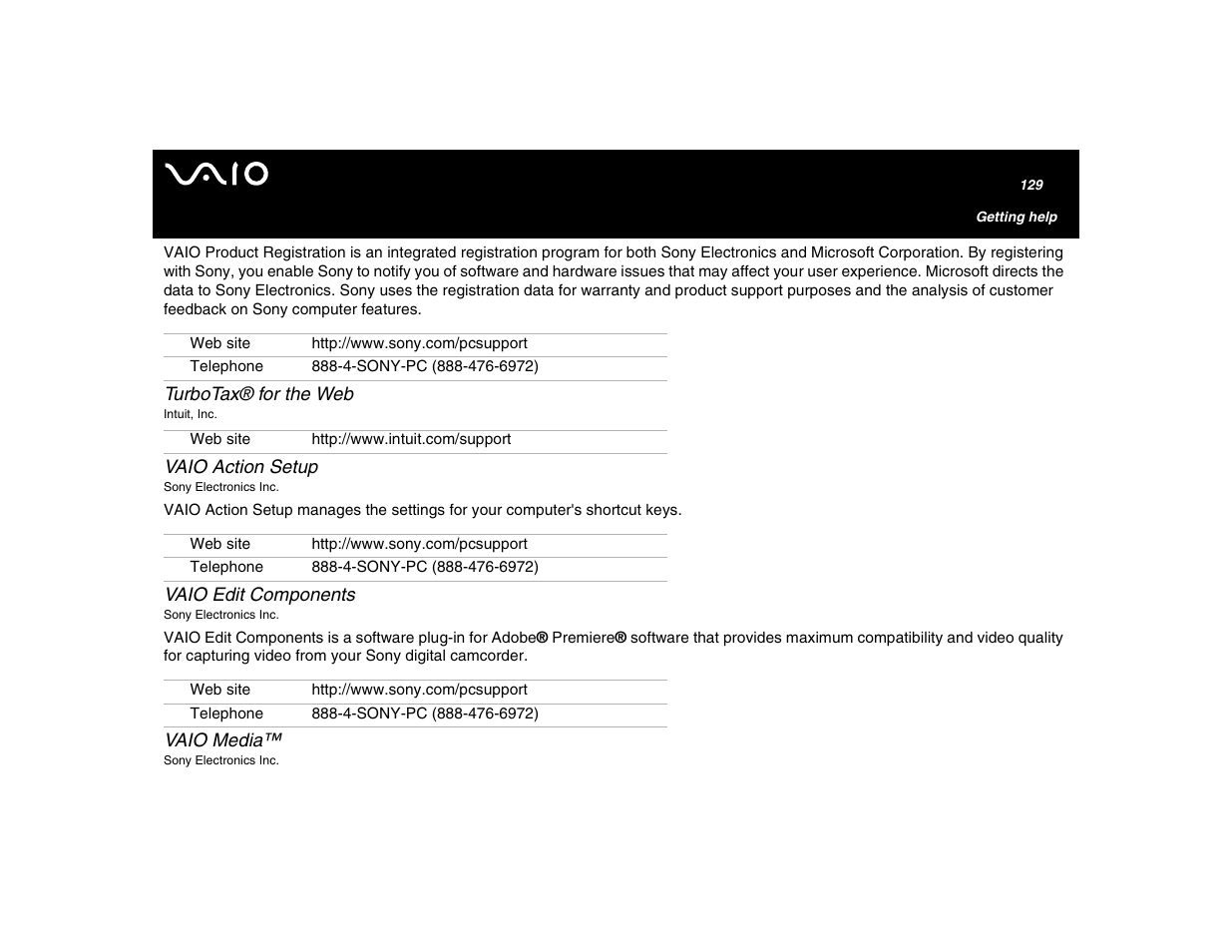 Turbotax® for the web, Vaio action setup, Vaio edit components | Vaio media | Sony VGN-U750P User Manual | Page 129 / 142