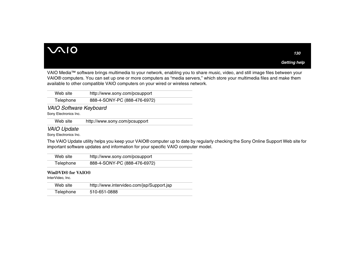 Vaio software keyboard, Vaio update | Sony VGN-U750P User Manual | Page 130 / 142