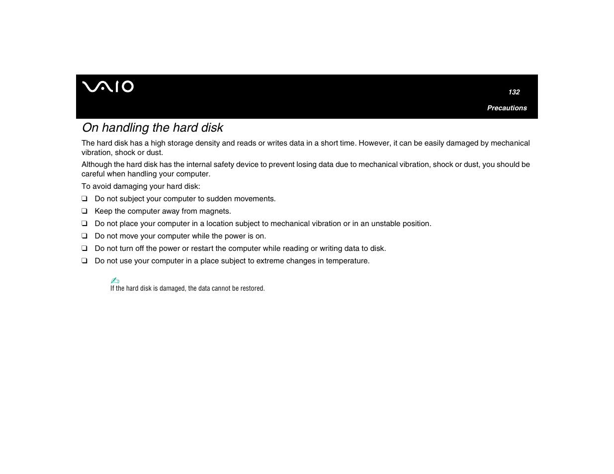 On handling the hard disk | Sony VGN-U750P User Manual | Page 132 / 142