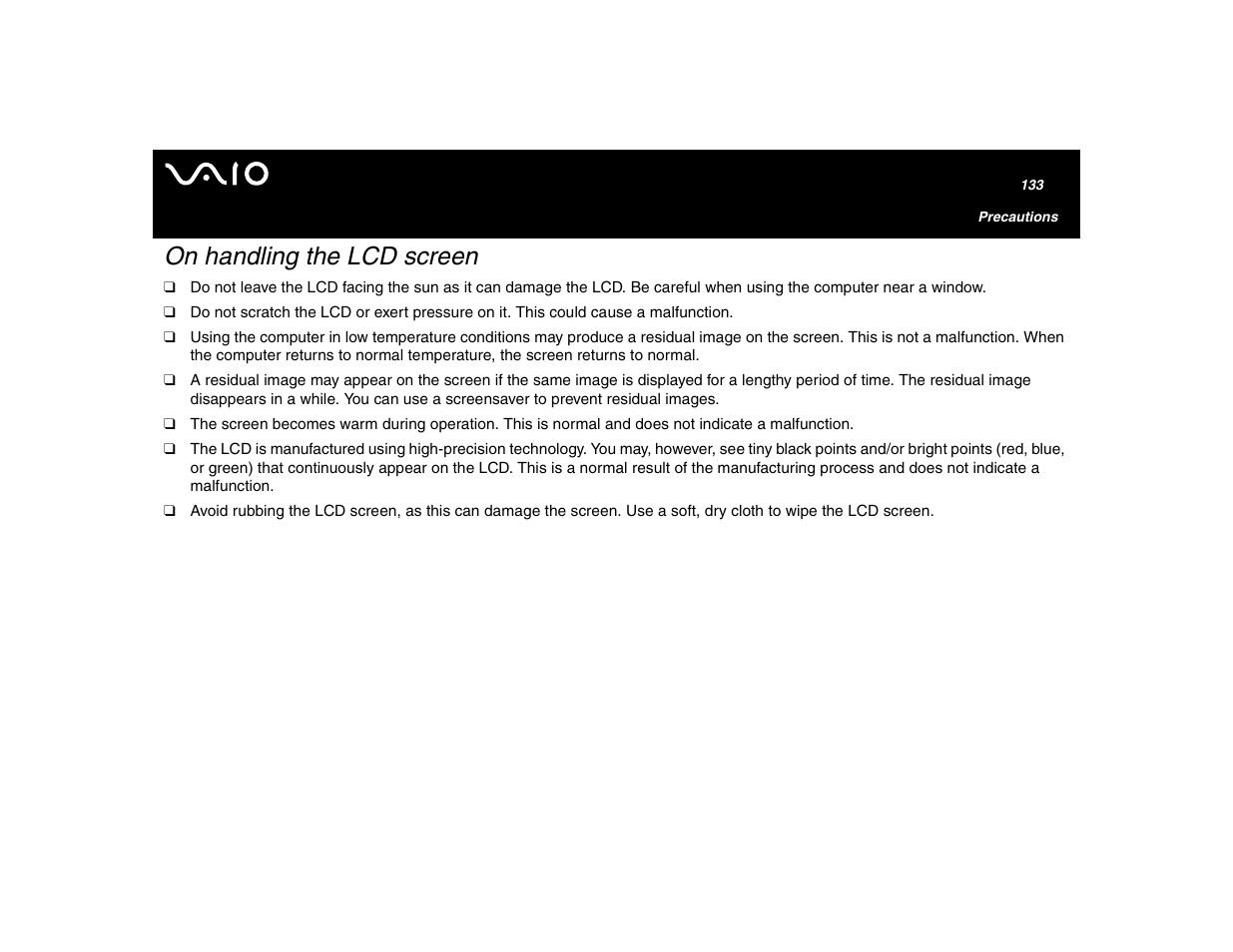 On handling the lcd screen | Sony VGN-U750P User Manual | Page 133 / 142