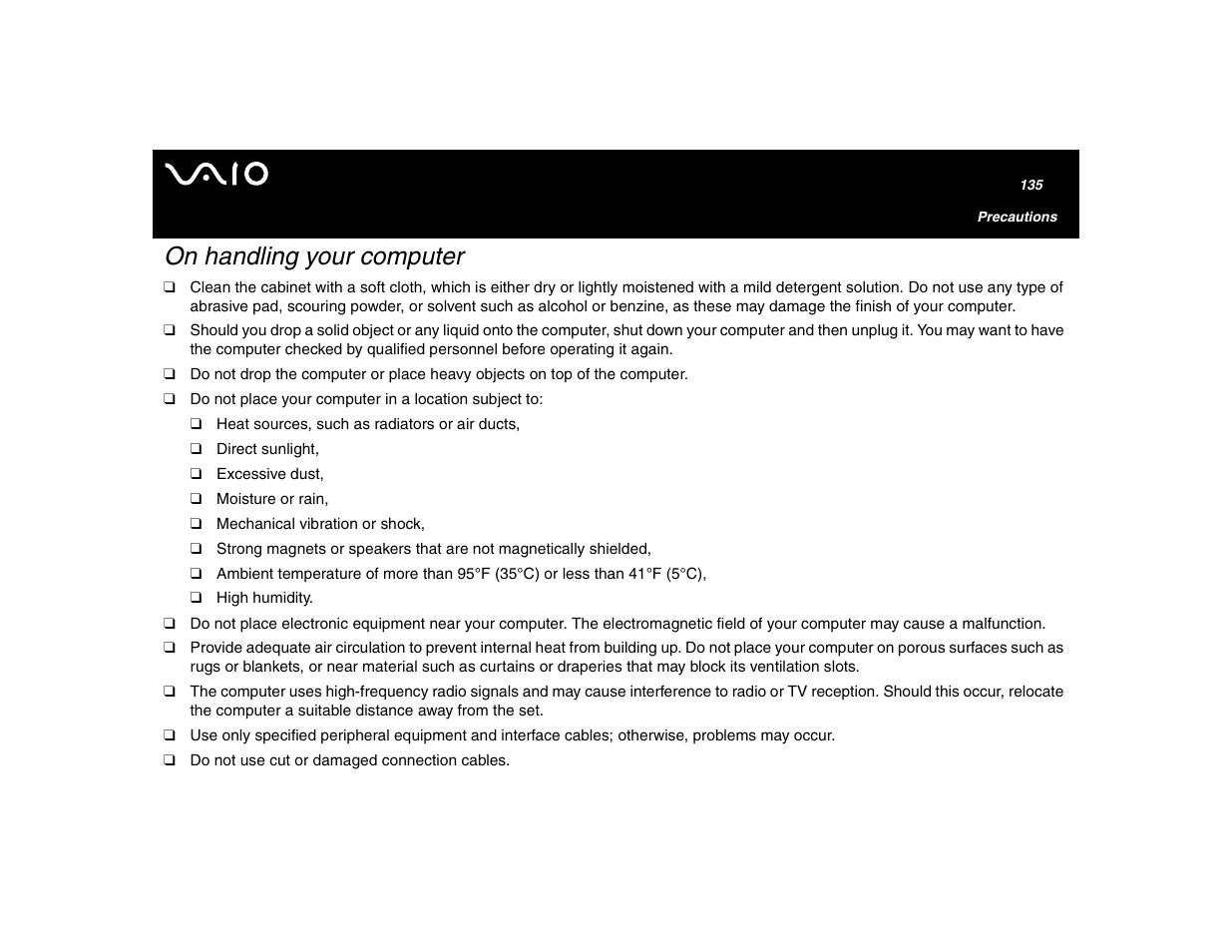 On handling your computer | Sony VGN-U750P User Manual | Page 135 / 142