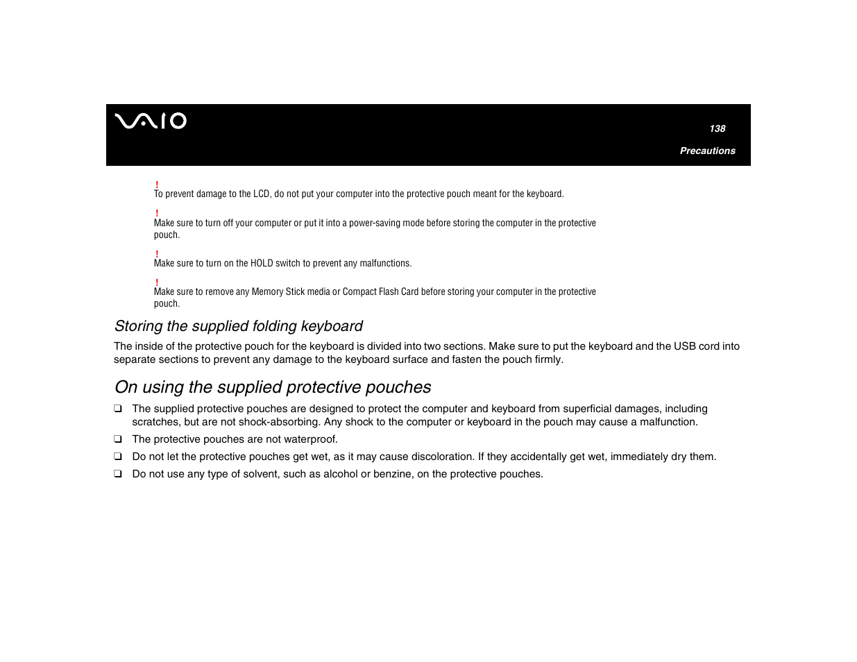 Storing the supplied folding keyboard, On using the supplied protective pouches | Sony VGN-U750P User Manual | Page 138 / 142