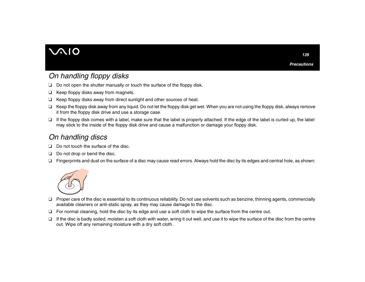 On handling floppy disks, On handling discs | Sony VGN-U750P User Manual | Page 139 / 142