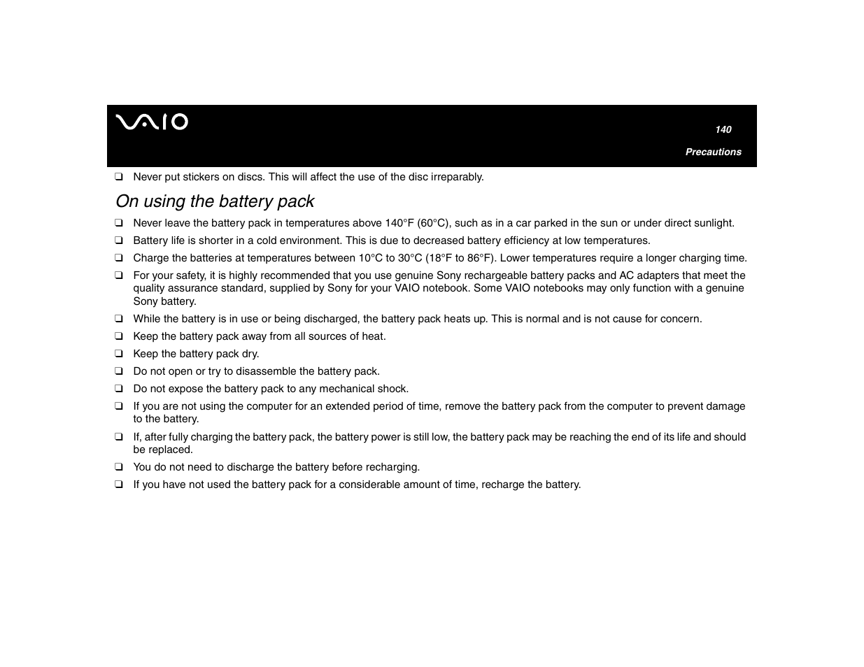 On using the battery pack | Sony VGN-U750P User Manual | Page 140 / 142