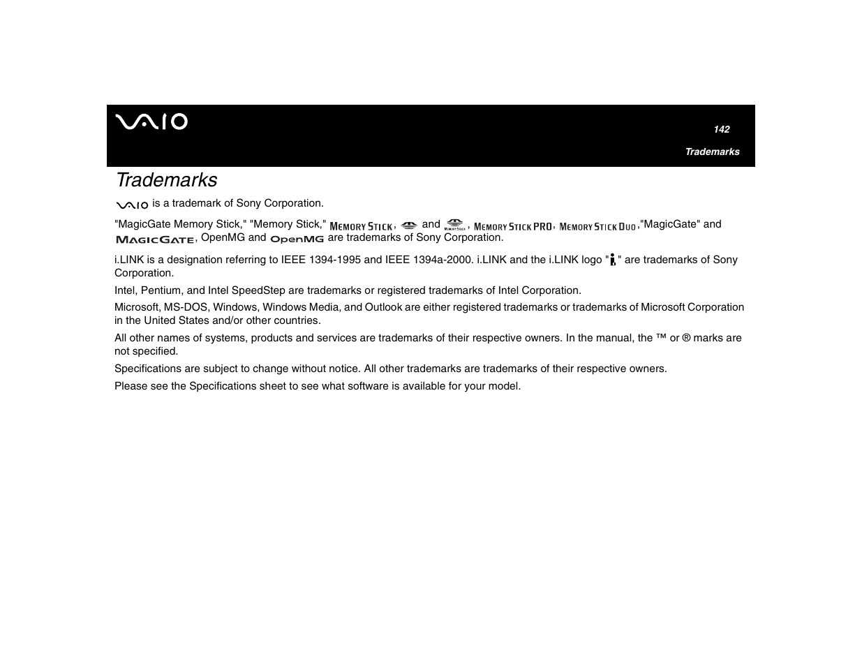 Trademarks | Sony VGN-U750P User Manual | Page 142 / 142