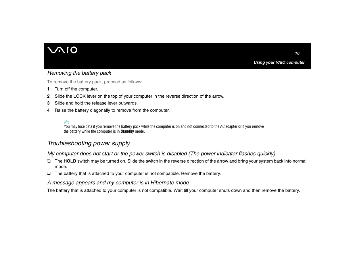 Removing the battery pack, Troubleshooting power supply | Sony VGN-U750P User Manual | Page 16 / 142