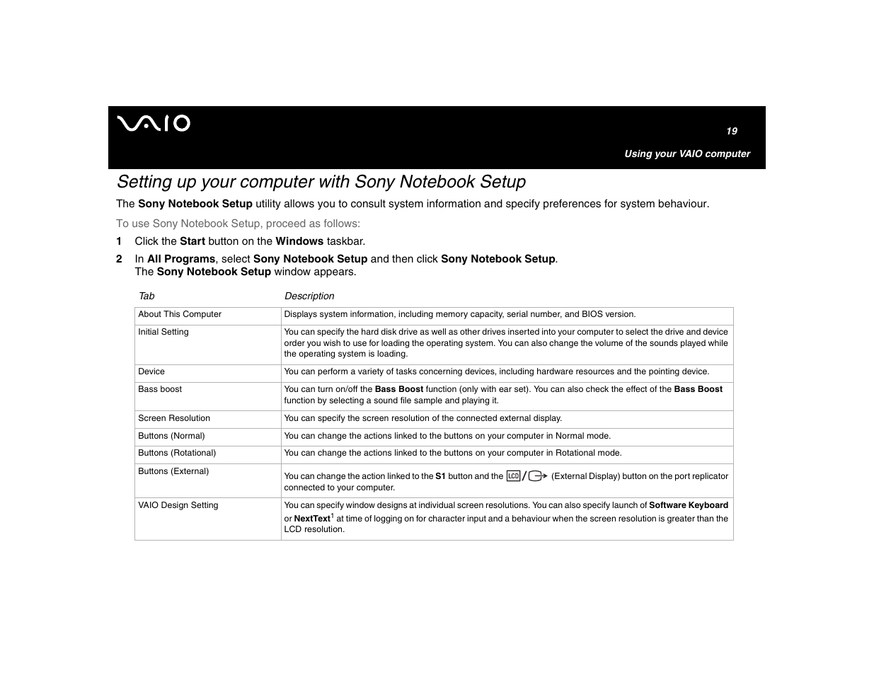 Setting up your computer with sony notebook setup | Sony VGN-U750P User Manual | Page 19 / 142