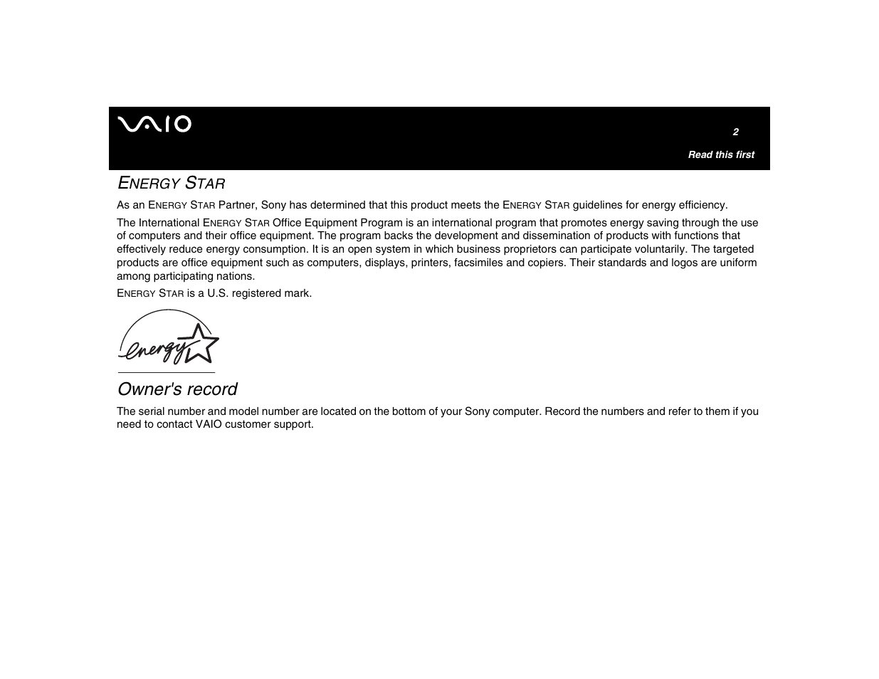 Energy star, Owner's record, Nergy | Sony VGN-U750P User Manual | Page 2 / 142