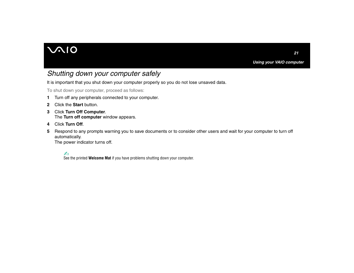 Shutting down your computer safely | Sony VGN-U750P User Manual | Page 21 / 142